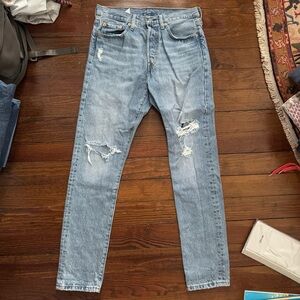 Levis Light Blue Denim Distressed 501 Jean High Rise Straight Jeans